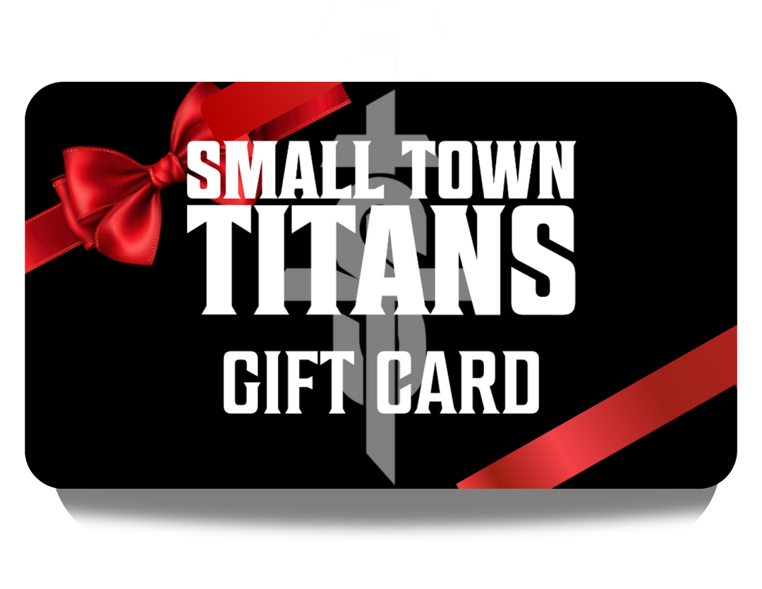 Gift card with 'Small Town Titans' text and red ribbon on a black background