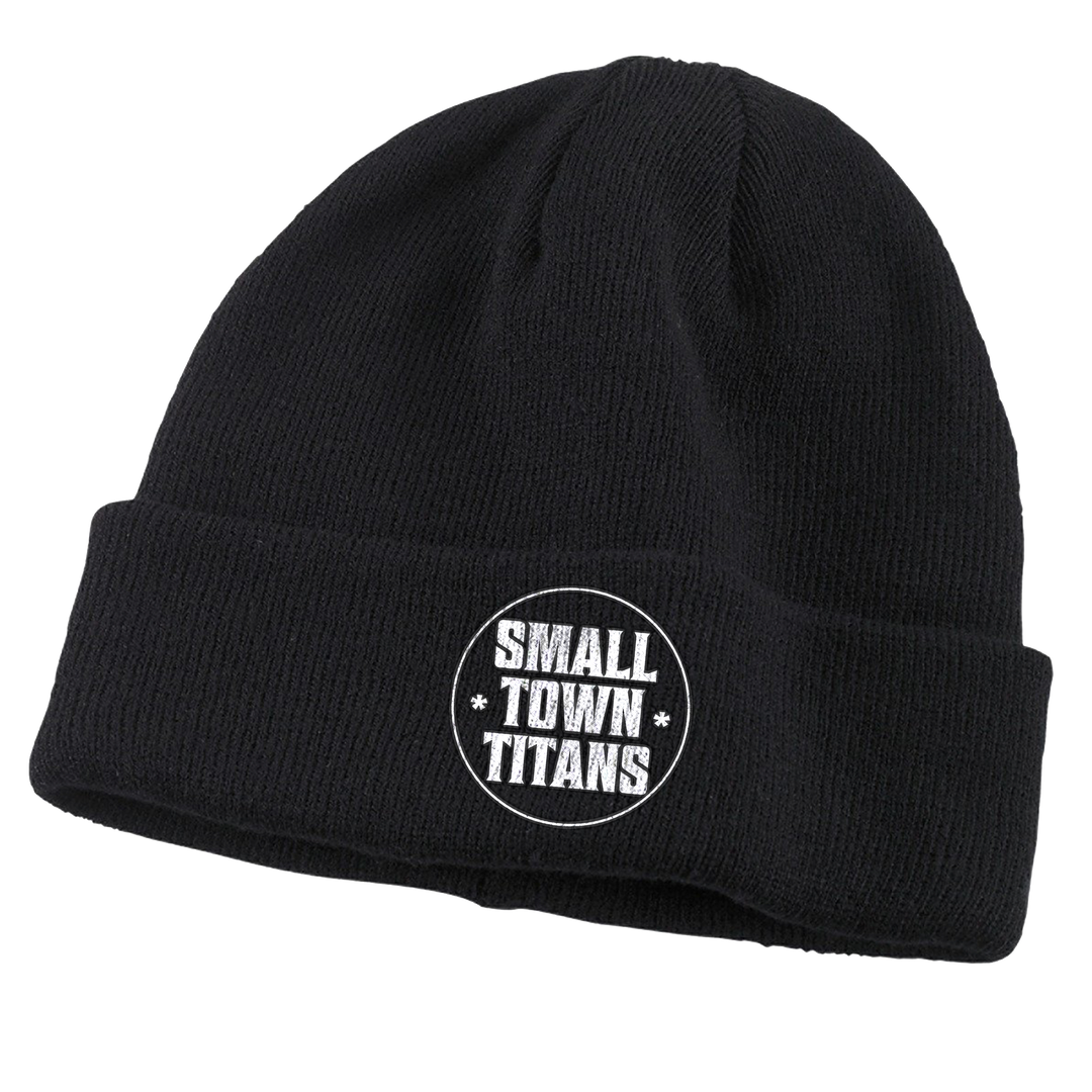 a black knit beanie hat with Small Town Titans embroidered on it