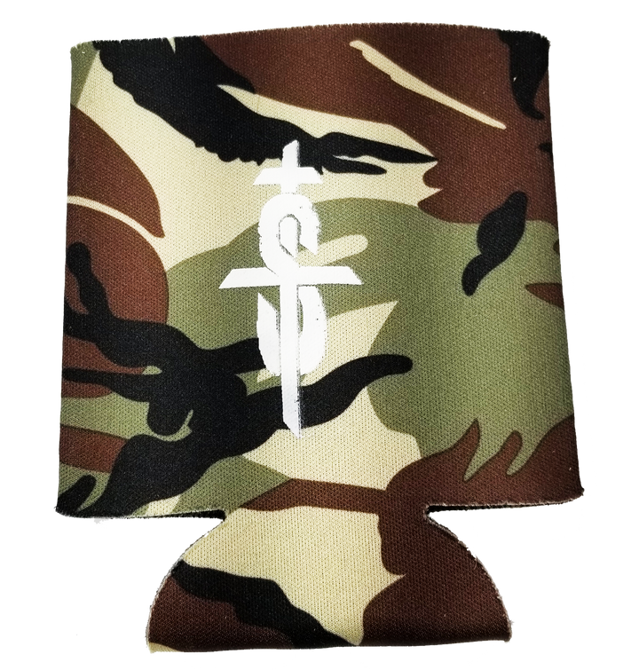 A camouflage koozie with 'SMALL TOWN TITANS' text and a cross logo on the front.

