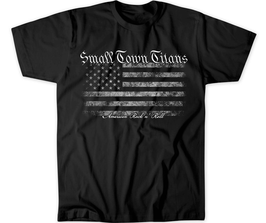 Black t-shirt with American Flag and Small Town Titans on it