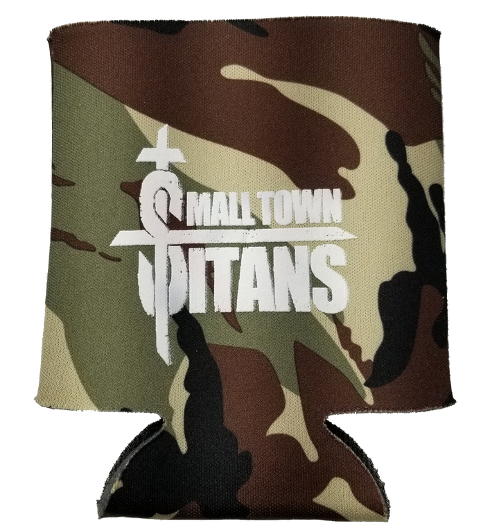 A camouflage koozie with 'SMALL TOWN TITANS' text and a cross logo on the front.