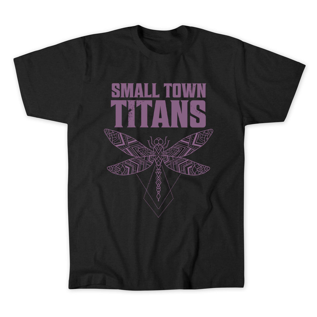 A black crew neck t-shirt with the text 'SMALL TOWN TITANS' on the front and a purple dragonfly design inked on it.