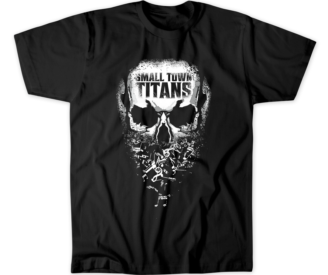 Black unisex t-shirt with a skull design and the text 'SMALL TOWN TITANS' on the front.
