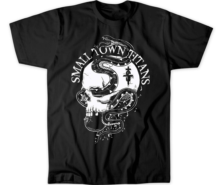 A black t-shirt with a graphic print of a snake wrapped around a skull holding an apple, and the text 'SMALL TOWN TITANS' below it.